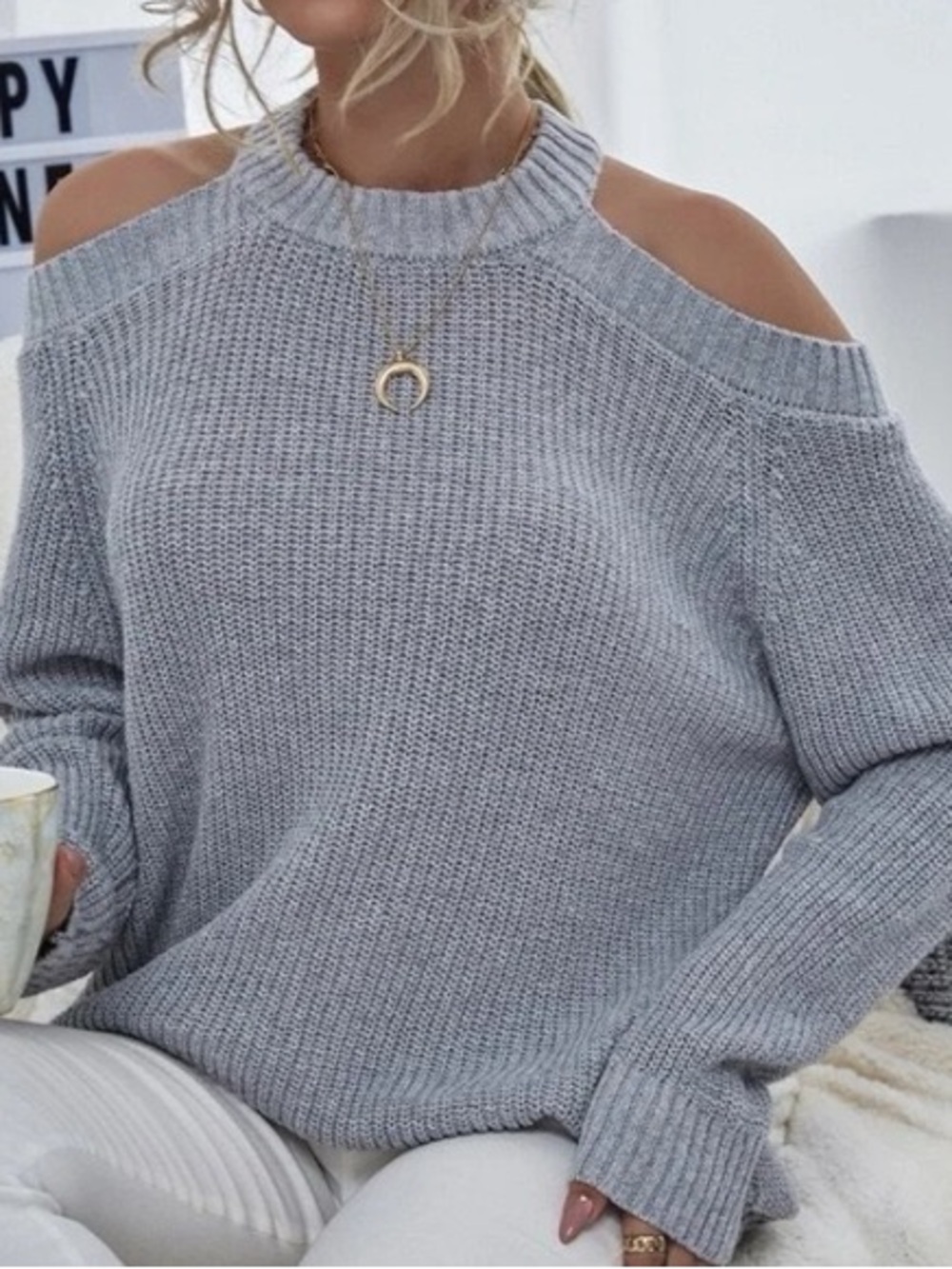 New Amazon Heather Gray Ribbed Knit Cold Shoulder Balloon Sleeve Sweater Size S